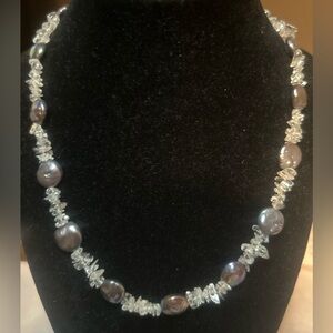 Elegant Gray Baroque Pearl and Crystal Chip Necklace